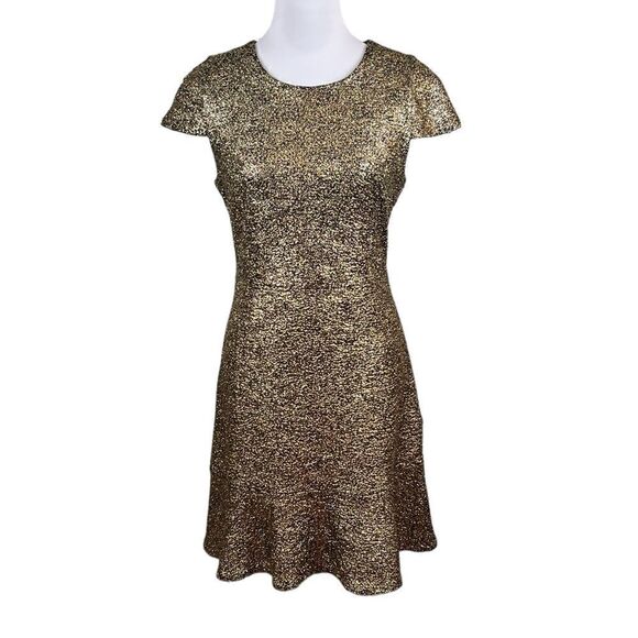 Michael Kors Gold Foil Cap Sleeve Flounce Cocktail Dress, Size M, NWT - Picture 6 of 12